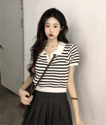 Sweet and spicy pure desire knitted new striped short style versatile slim fit POLO collar short sleeve short top trendy