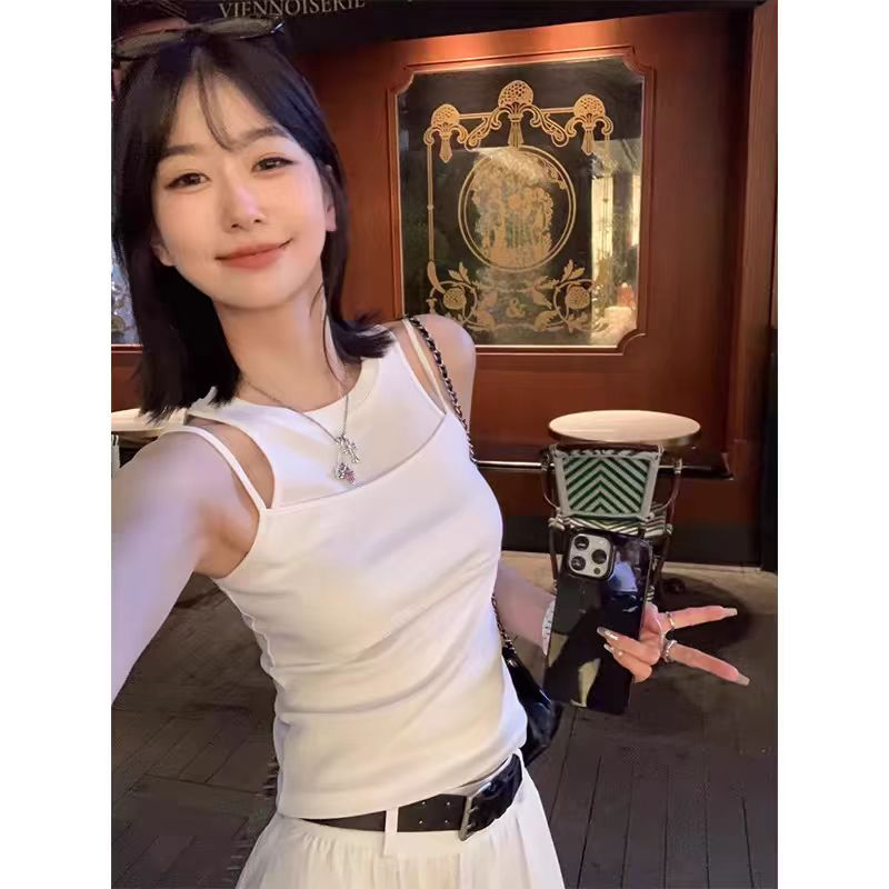 Pure cotton with breast pads, fake two-piece camisole, women's summer outer wear, slimming, sweet and spicy sleeveless bottoming top