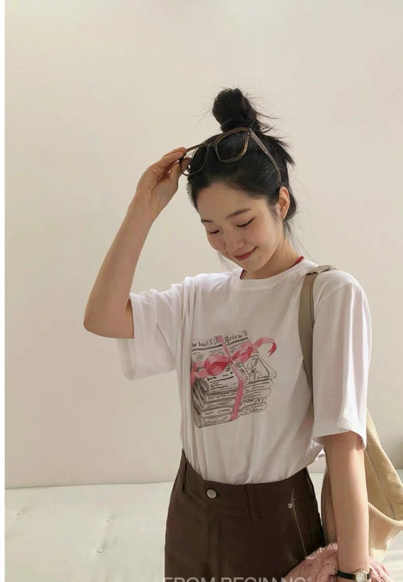 Su San's Flower Korea Dongdaemun** Bow loose large version short-sleeved T-shirt
