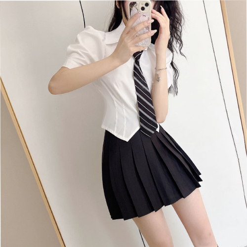 Lady's skirt shirt suit-summer anti-exposure solid color short skirt high waist pleated skirt two-piece set