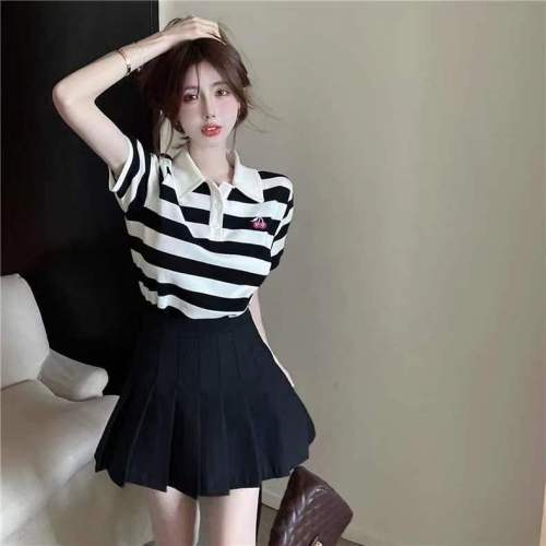 Black and white striped POIO collar shirt with cherry embroidery short sleeves + preppy pleated skirt suit