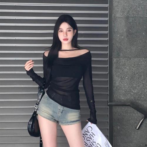 One-shoulder slim-fitting long-sleeved blouse T-shirt top + tube top vest autumn new style outer wear with jeans