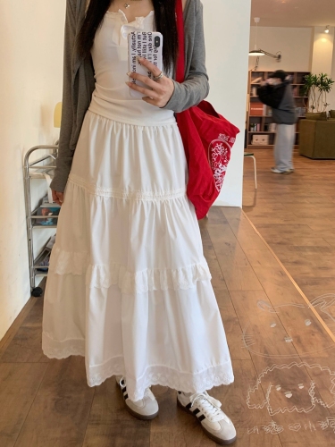 Actual shot #New high-waisted white skirt for women with elastic waist and design stitching lace cake long skirt