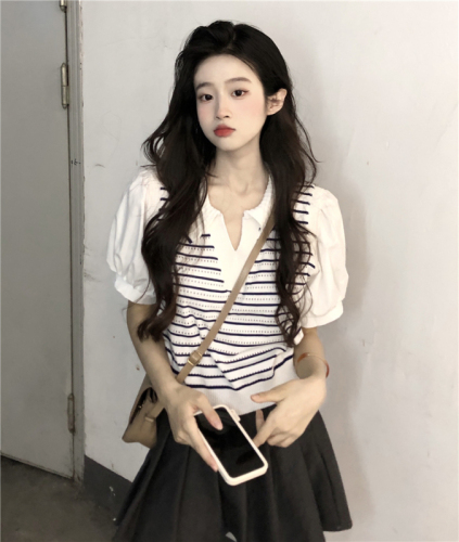 polo collar striped knitted short-sleeved women's summer dress new fake two-piece puff sleeve short chic shirt top