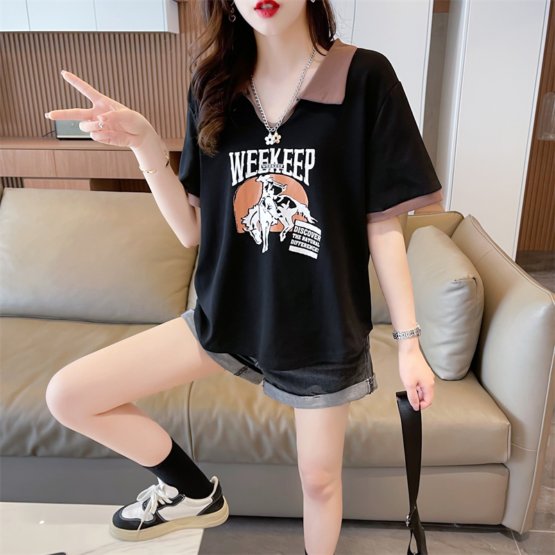 Actual shot of 2024 summer Korean style loose waffle POLO collar label large size short-sleeved T-shirt for women