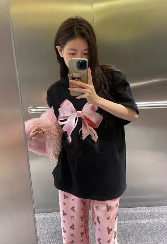 Official Photo 2024 Spring New Internet Celebrity Bow Print Versatile Round Neck Half Sleeve Large Version Loose T-Shirt Top