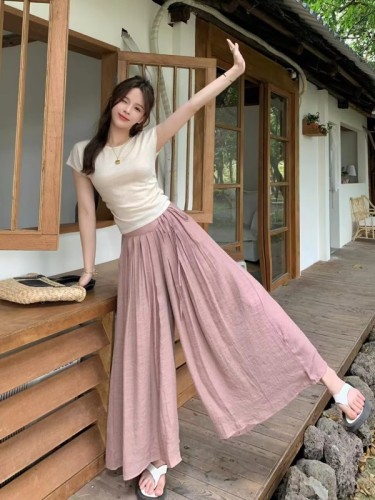 Slim, flesh-covering casual suit, summer dress for women, gentle style, street-style breasts, short-sleeved T-shirt, wide-leg skirt, pants, two-piece set