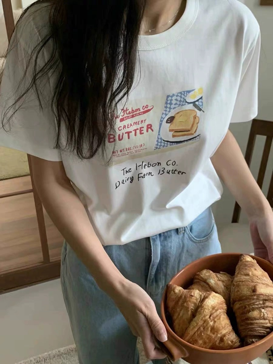 Korean lNS spring and summer new women's style butter toast printed round neck short-sleeved T-shirt