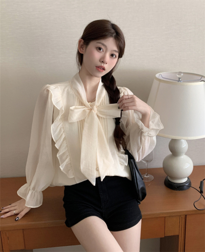 Actual shot of bow-knot lively age-reducing ruffled belly-covering French lace shirt design niche top for women