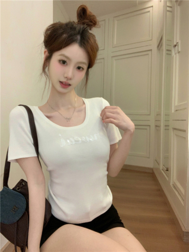 Actual shot~Spring new style~2024 spring sequin letter round neck short-sleeved female hot girl design niche top