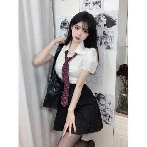 Liberal arts student white short-sleeved JK black box pleated skirt lady college style suit