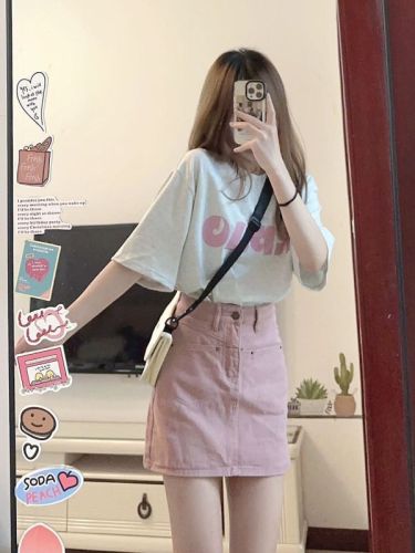 Fashion suit for women in summer, Korean version, loose printed short-sleeved T-shirt, slim tall waisted A-line skirt for small people, two-piece set