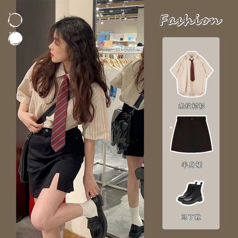 French preppy design tie striped tie shirt retro design niche summer short-sleeved tops for women