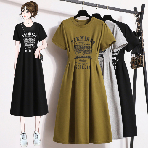8015 real shot ~ Large size American retro sports dress for women who are fat in summer, slimming and covering the flesh, mid-length T-shirt dress