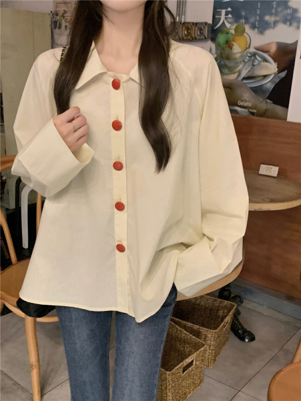 Real shot!  Spring Korean chic simple lapel loose casual shirt women's solid color versatile long-sleeved top