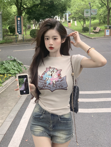 Cat Heavy Industry Embroidered Short Sleeve T-shirt Summer Design Slim Round Neck Short Knitted Top + Denim Shorts