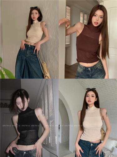 Real shot of design temperament hollow high collar knitted sleeveless high-end pure lust knitted top for women