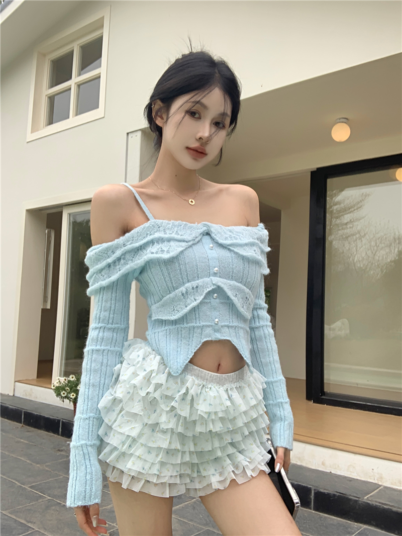 Actual shot of spring and autumn new style delicate soft glutinous stitching pure desire one-shoulder sweater knitted top for women