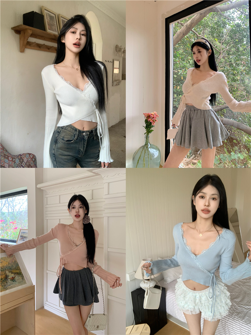 Real shot of pure lust style V-neck lace knitted sweater with stylish strappy slim fit short top