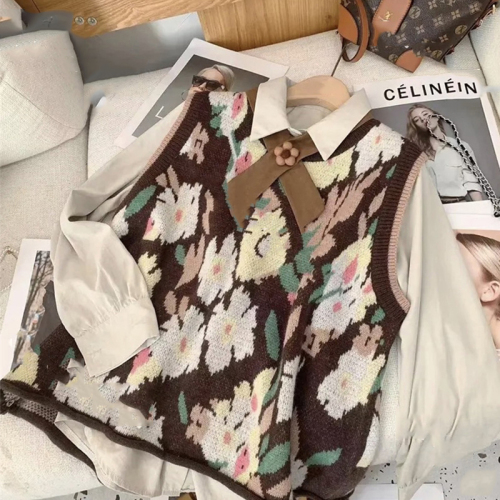 Retro loose floral sleeveless knitted vest + lapel versatile long-sleeved shirt + pleated skirt three-piece set