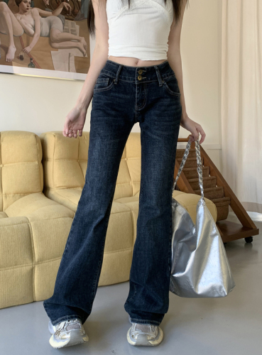 Actual shot of 2024 spring and summer new low-waist slimming slightly flared jeans for women, loose and drapey floor-length pants