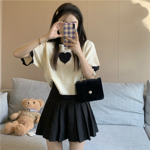 Small salt style outfit for women summer new college style sweet love T-shirt pleated short skirt two-piece set