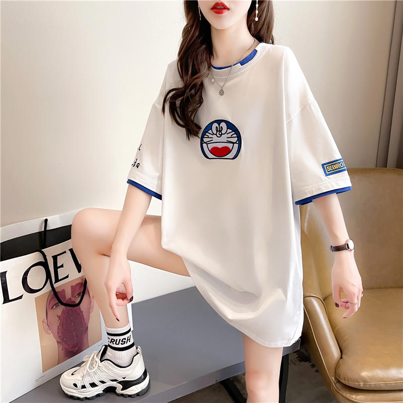 Actual shot of summer Korean style loose round neck jingle cat embroidery fake two-piece mid-length large size short-sleeved T-shirt