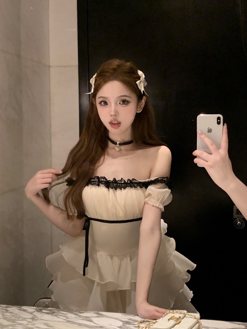 Actual shot Korean style slimming mid-length sweet fairy-like waist-cinching one-shoulder hot girl cake dress