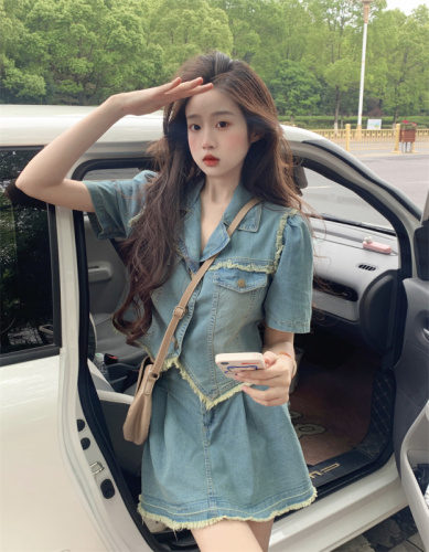 Hong Kong style retro tassel raw edge lapel denim shirt + tassel denim all-match skirt for women