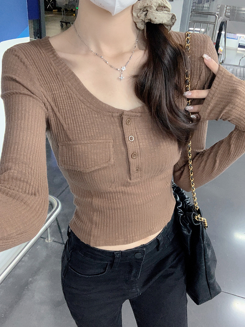 Real shot tight round neck long sleeve t-shirt women's short Korean style threaded bottoming shirt trendy top