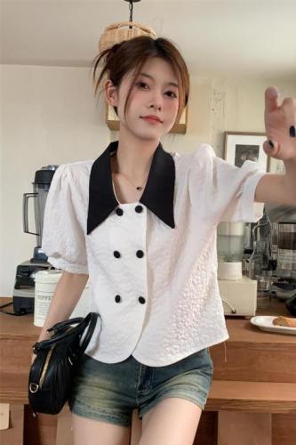 Real shot of small fragrant style double-breasted short-sleeved shirt for women summer 2024 new design contrasting color lapel style top