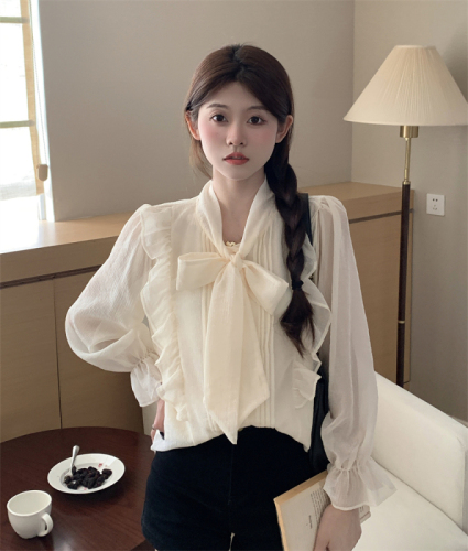 Actual shot of bow-knot lively age-reducing ruffled belly-covering French lace shirt design niche top for women