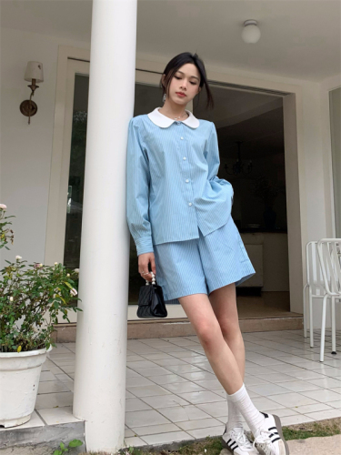 Actual shot 50080 new striped long-sleeved shirt + 50081 wide-leg shorts petite outfit spring and autumn women