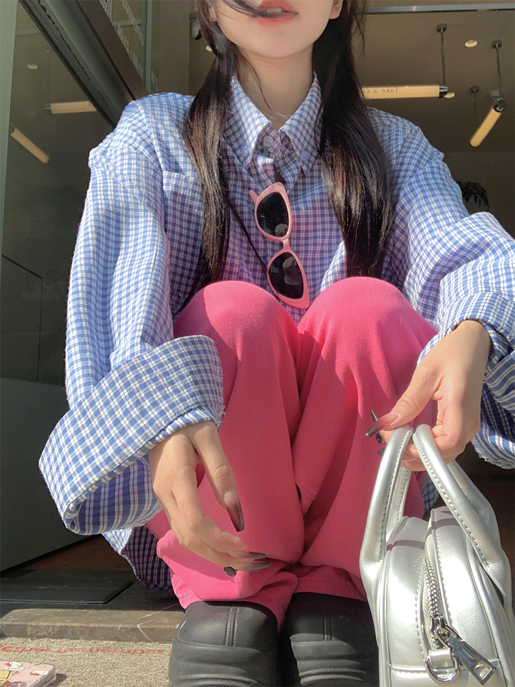 Actual shot of early spring Korean chic simple loose blue plaid shirt top jacket