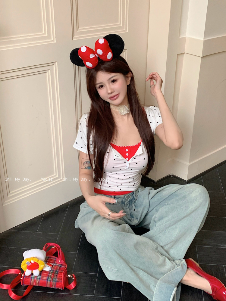 Real shot of polka dot layered pure lust style suit camisole short-sleeved T-shirt layered design hot girl top