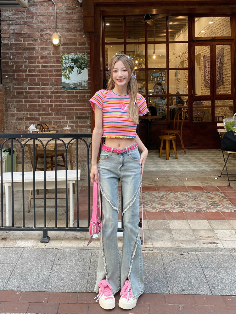 Micro-flared jeans for women, new side straps, high-waisted hot girl design pants, short-sleeved sweater suit