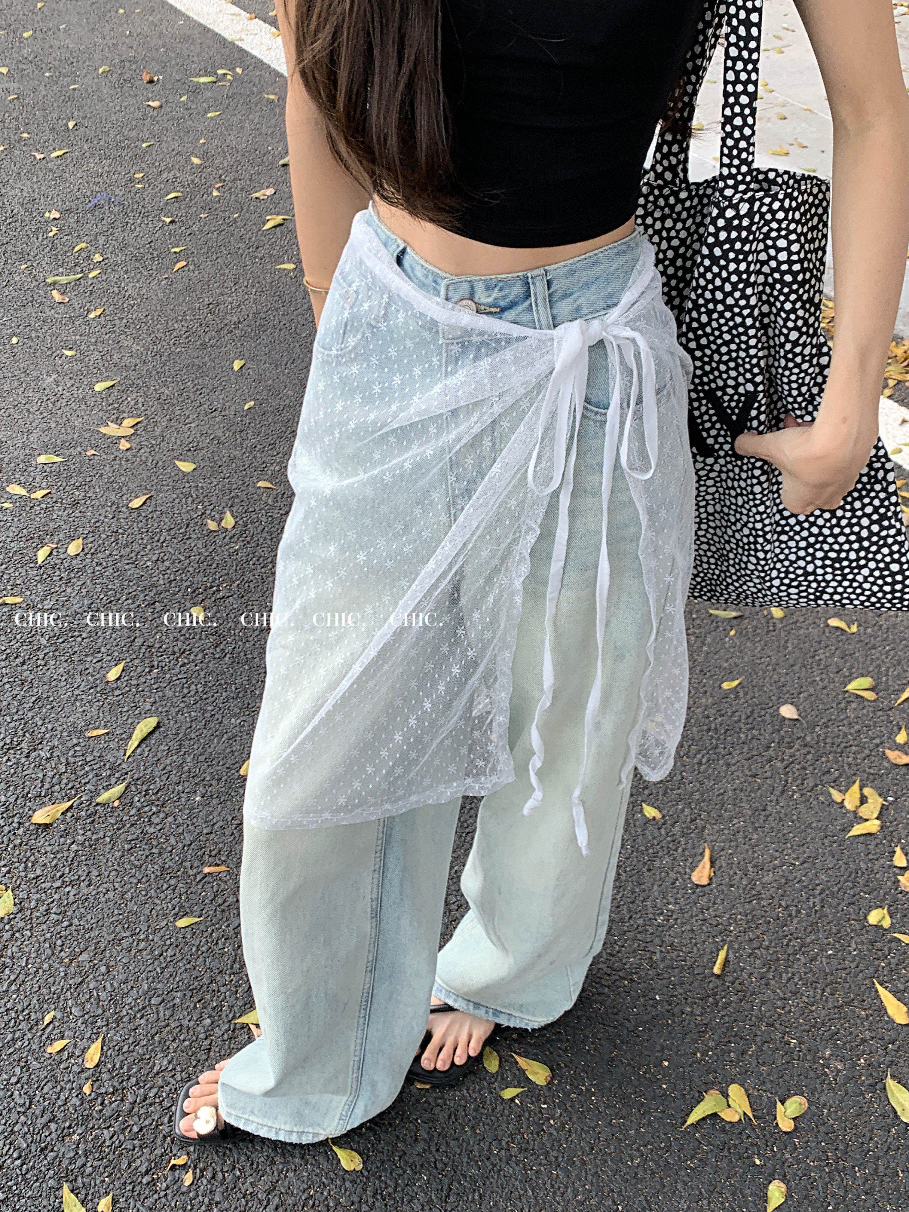 Real shot!  Retro personalized lace mesh apron loose versatile jeans trousers women's fashion