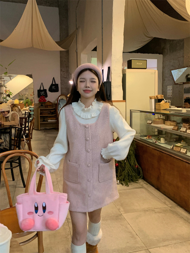 Actual shot of Korean chic early spring simple and cute pink woolen vest dress