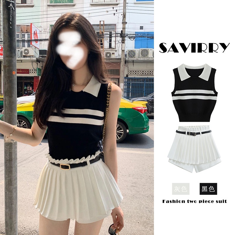 Sexy hot girl style short skirt suit for women, casual versatile waistcoat, slim waistcoat, pleated skirt, A-line shorts two-piece set