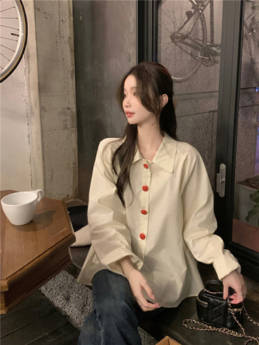 Real shot!  Spring Korean chic simple lapel loose casual shirt women's solid color versatile long-sleeved top