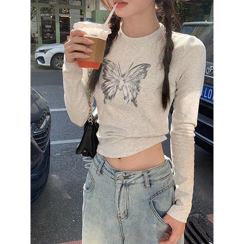 Pure cotton 210g 40 count Odell 92 cotton 8 spandex printed slim long sleeve raglan sleeve bottoming shirt for women