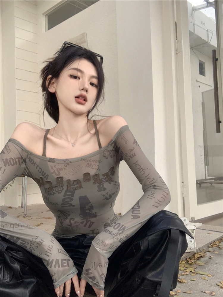 Actual shot ~ Sling two-piece set for hot girls, slimming one-shoulder short mesh top