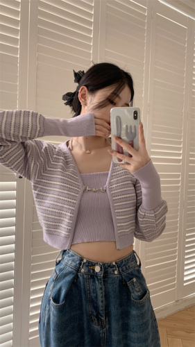 Actual shot of taro purple striped contrasting color short cardigan sweater with suspender two-piece top