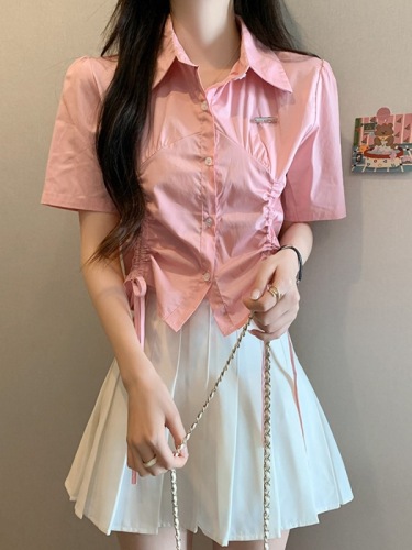 New short-sleeved shirt for women with drawstring design, chic short top + pleated skirt two-piece set