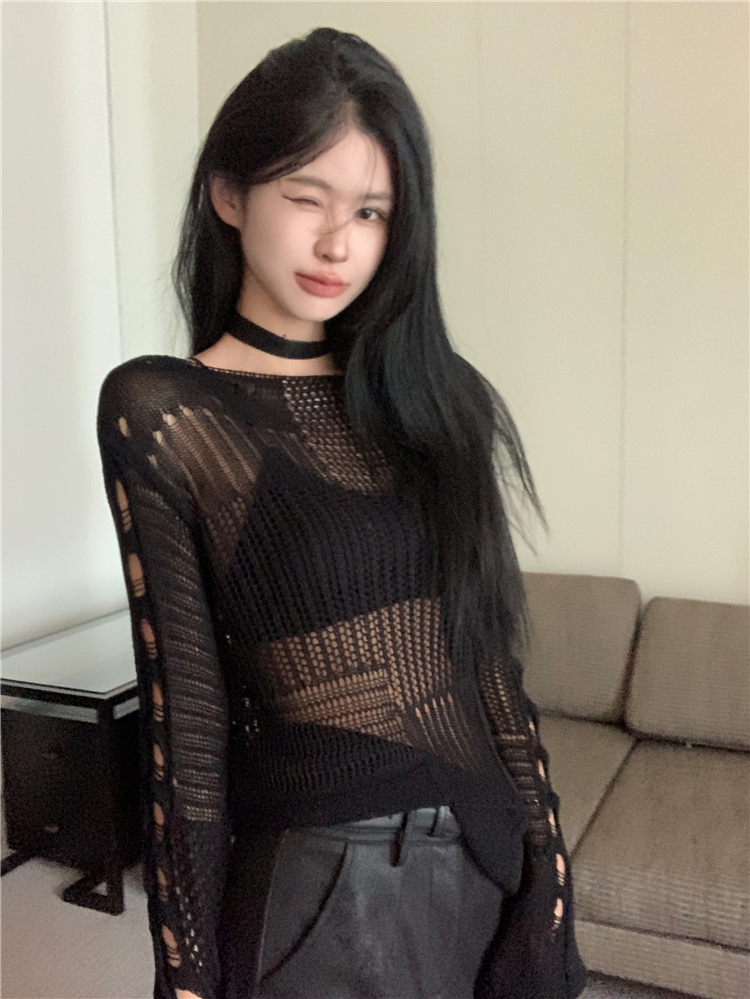 Real shot of designer hollow mesh ripped knitted blouse, lazy and slim hot girl top