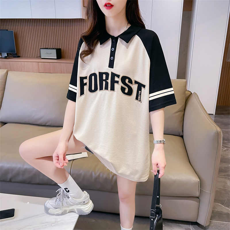 Actual shot of 2024 summer Korean style loose back bag collar POLO collar letter embroidered large size short-sleeved T-shirt for women