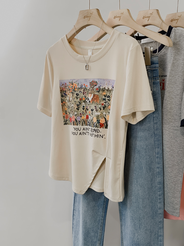 Pure cotton back strip 200g combed tightly, short-sleeved t-shirt for women with irregular printing, Tmall quality
