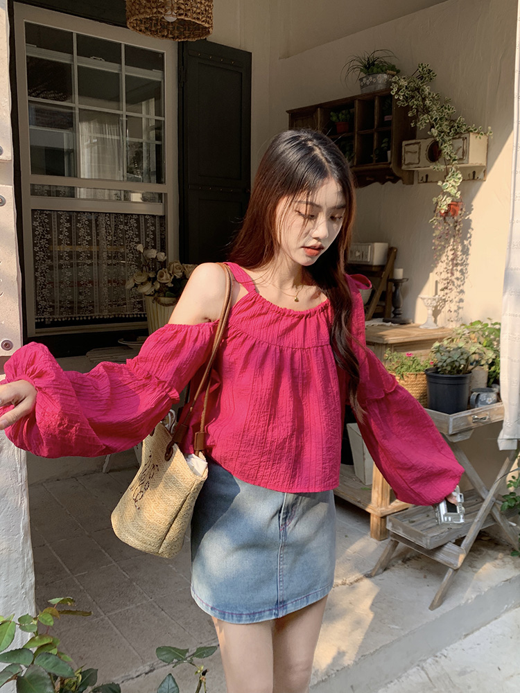 Korean style sweet and spicy pleated textured off-shoulder halter top for women loose lantern sleeves and gentle shirt