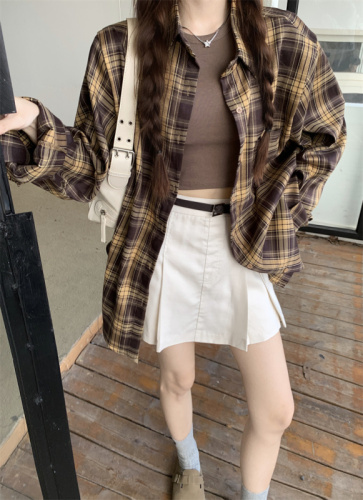 Actual shot ~ Early autumn retro plaid shirt for women with loose design and lazy pink anti-tank shirt jacket
