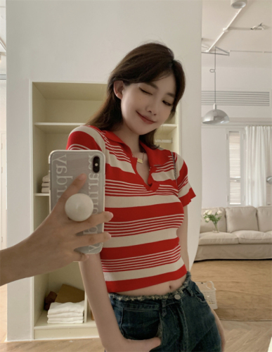 Actual shot of new spring striped sweater POLO shirt short-sleeved top for women
